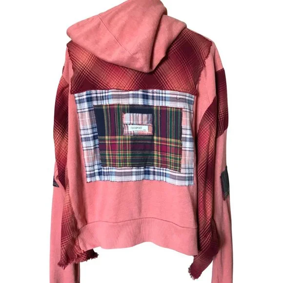 Coral Patchwork Upcycled Hoodie, Size M-L: Boho Cottagecore Zip-Up Jacket - Picture 6 of 15